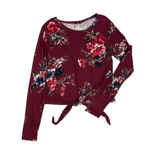 Jo & Co Shirt Womens Large Burgundy Floral Long Sleeve Cropped knot Hem Pullover